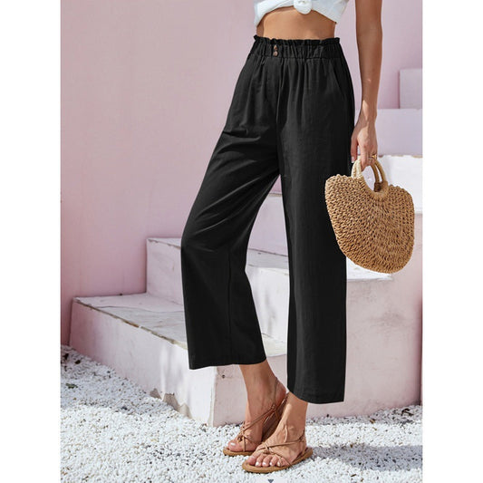 Dames Casual Broek met Hoge Taille en Rechte Pijpen - Zwart