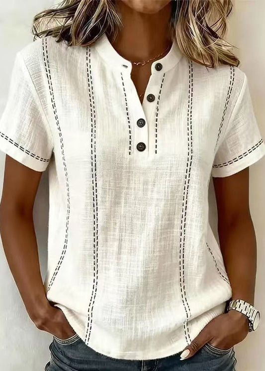 Dames Blouse Korte Mouwen met Mao-kraag en V-hals en Gestreepte Patchwork - Wit