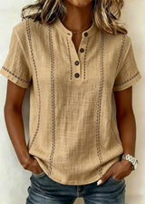 Dames Blouse Korte Mouwen met Mao-kraag en V-hals en Gestreepte Patchwork