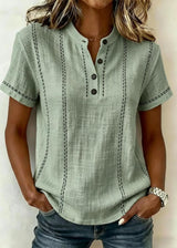 Dames Blouse Korte Mouwen met Mao-kraag en V-hals en Gestreepte Patchwork