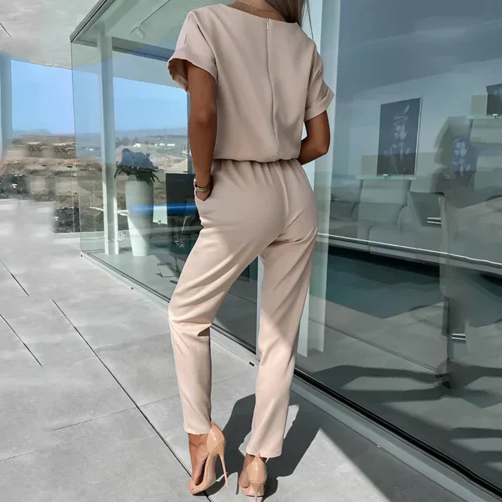 Dames Set Top met Korte Mouwen en V-hals met Rechte Broek met Geknoopte Taille