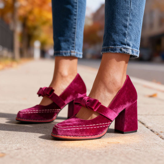 Dames Mary Jane Pumps met Blokhak en Strikdetail - Roze