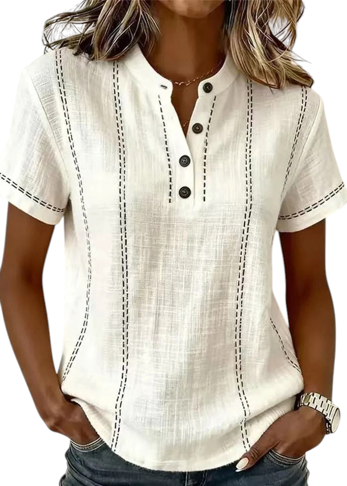 Dames Blouse Korte Mouwen met Mao-kraag en V-hals en Gestreepte Patchwork