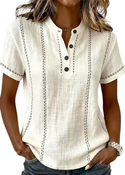 Dames Blouse Korte Mouwen met Mao-kraag en V-hals en Gestreepte Patchwork