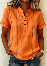 Dames Blouse Korte Mouwen met Mao-kraag en V-hals en Gestreepte Patchwork