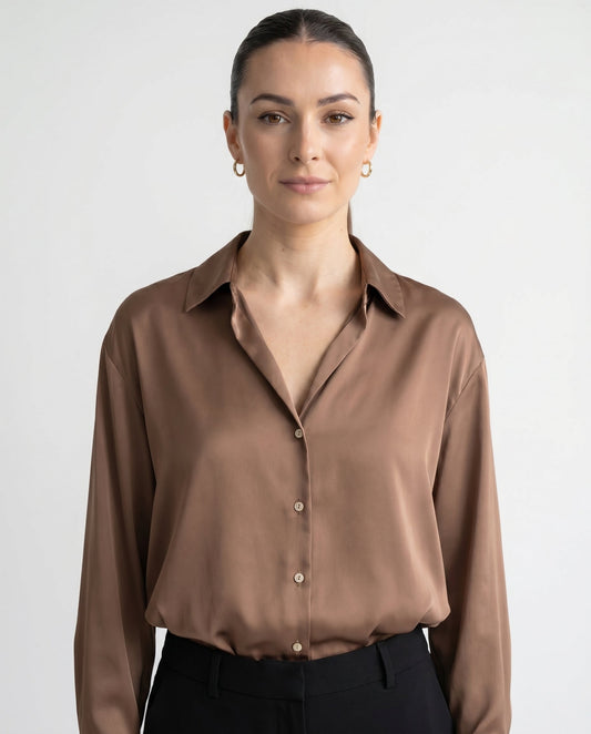 Dames Blouse met Klassieke Kraag en Manchetten Losse Pasvorm - Bruin