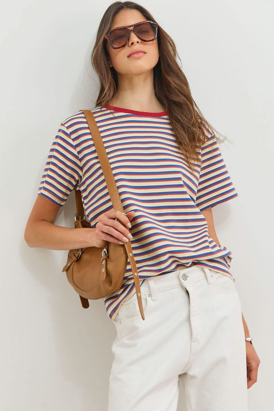 Dames T-shirt Gestreept met Ronde Hals en Korte Mouwen