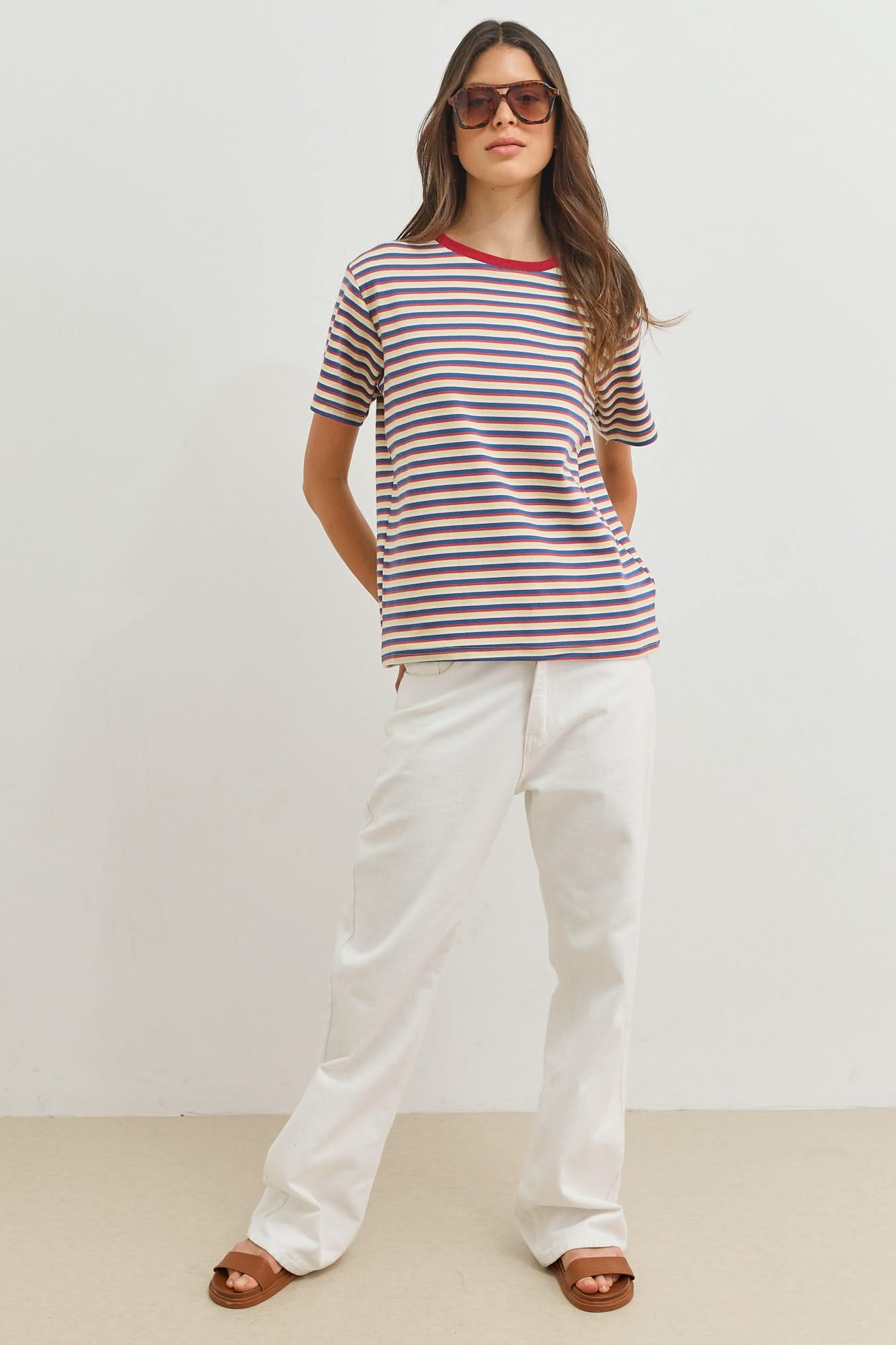Dames T-shirt Gestreept met Ronde Hals en Korte Mouwen