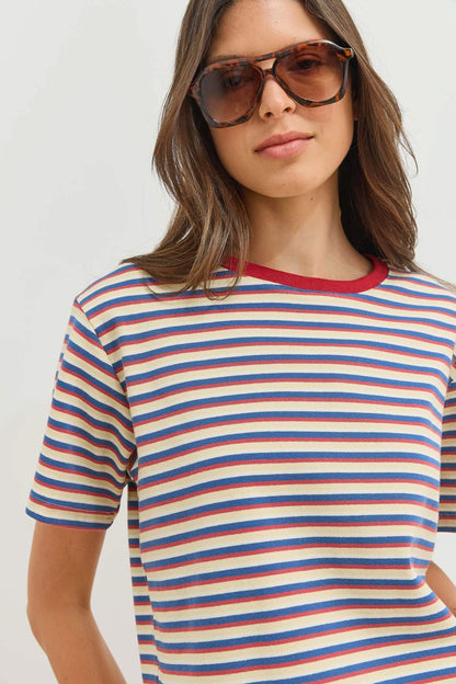 Dames T-shirt Gestreept met Ronde Hals en Korte Mouwen