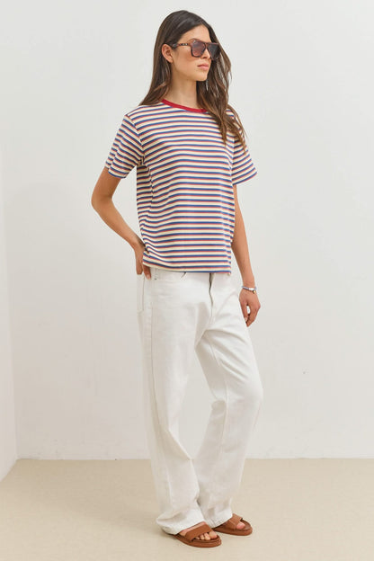 Dames T-shirt Gestreept met Ronde Hals en Korte Mouwen