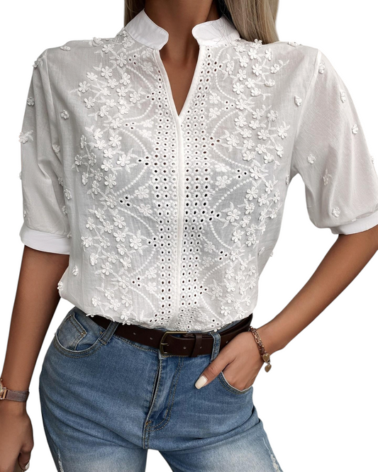 Dames Blouse met V-hals en Geborduurde Kanten Details