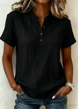 Dames Blouse Korte Mouwen met Mao-kraag en V-hals en Gestreepte Patchwork