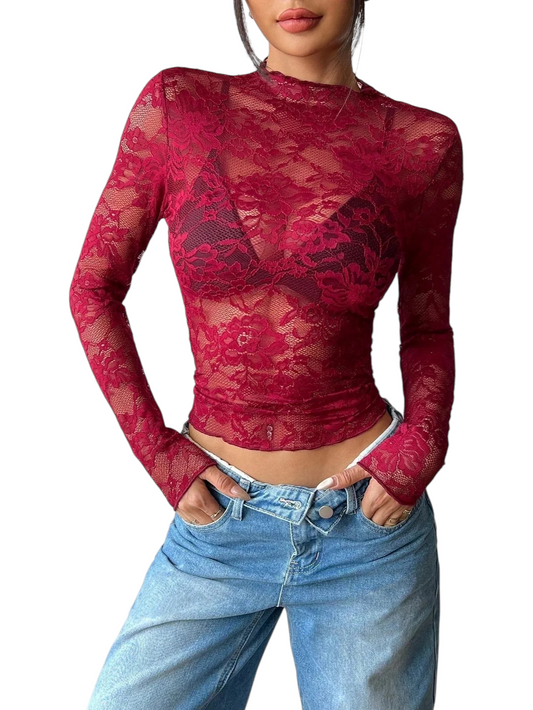Dames Blouse met Bloemenkant en Doorschijnende Afwerking
