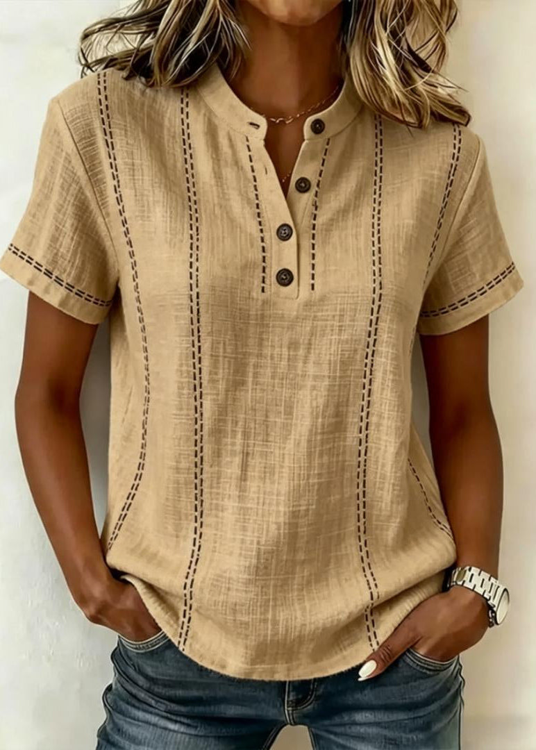 Dames Blouse Korte Mouwen met Mao-kraag en V-hals en Gestreepte Patchwork