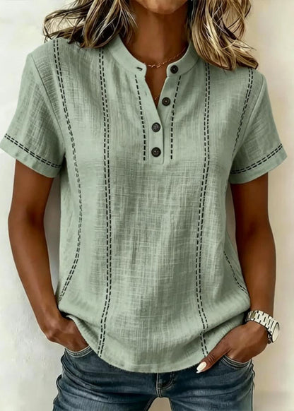 Dames Blouse Korte Mouwen met Mao-kraag en V-hals en Gestreepte Patchwork