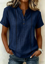 Dames Blouse Korte Mouwen met Mao-kraag en V-hals en Gestreepte Patchwork