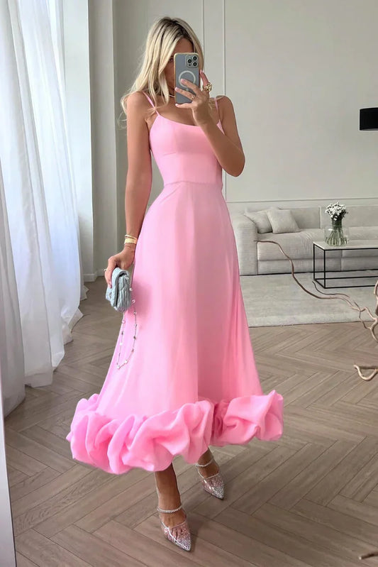 Dames Maxi-jurk met Smalle Bandjes, Uitlopende Rok en Ruches - Roze