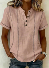 Dames Blouse Korte Mouwen met Mao-kraag en V-hals en Gestreepte Patchwork