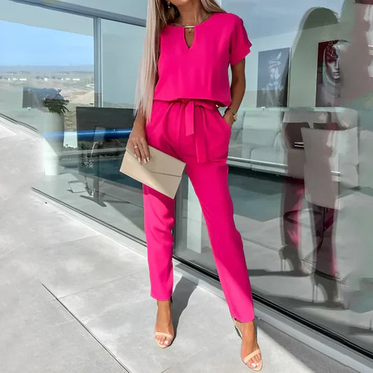 Dames Set Top met Korte Mouwen en V-hals met Rechte Broek met Geknoopte Taille - Roze