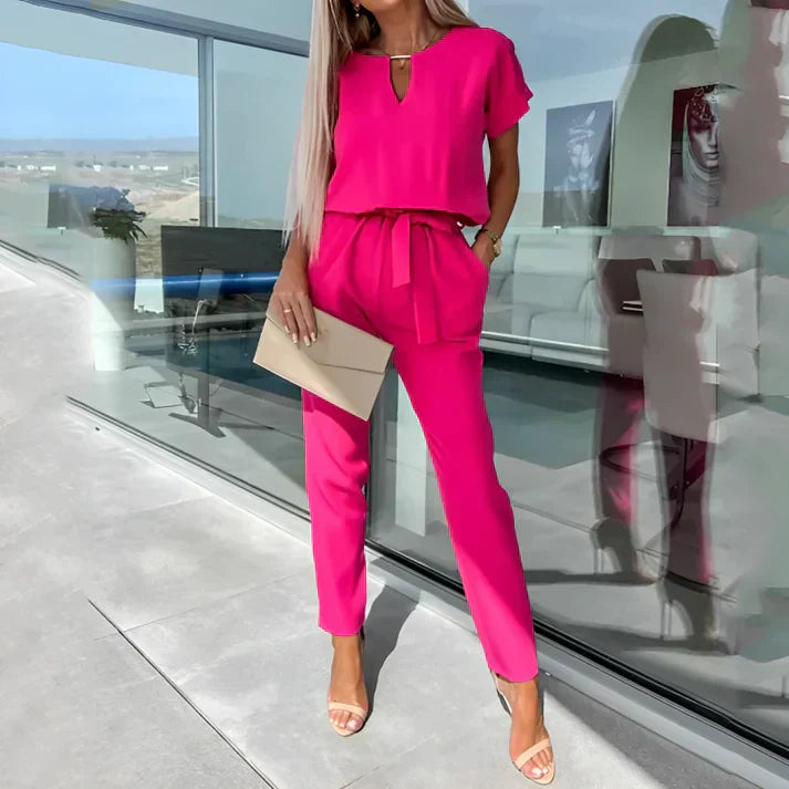 Dames Set Top met Korte Mouwen en V-hals met Rechte Broek met Geknoopte Taille - Roze