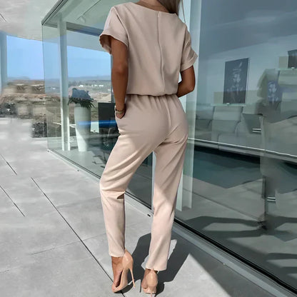 Dames Set Top met Korte Mouwen en V-hals met Rechte Broek met Geknoopte Taille