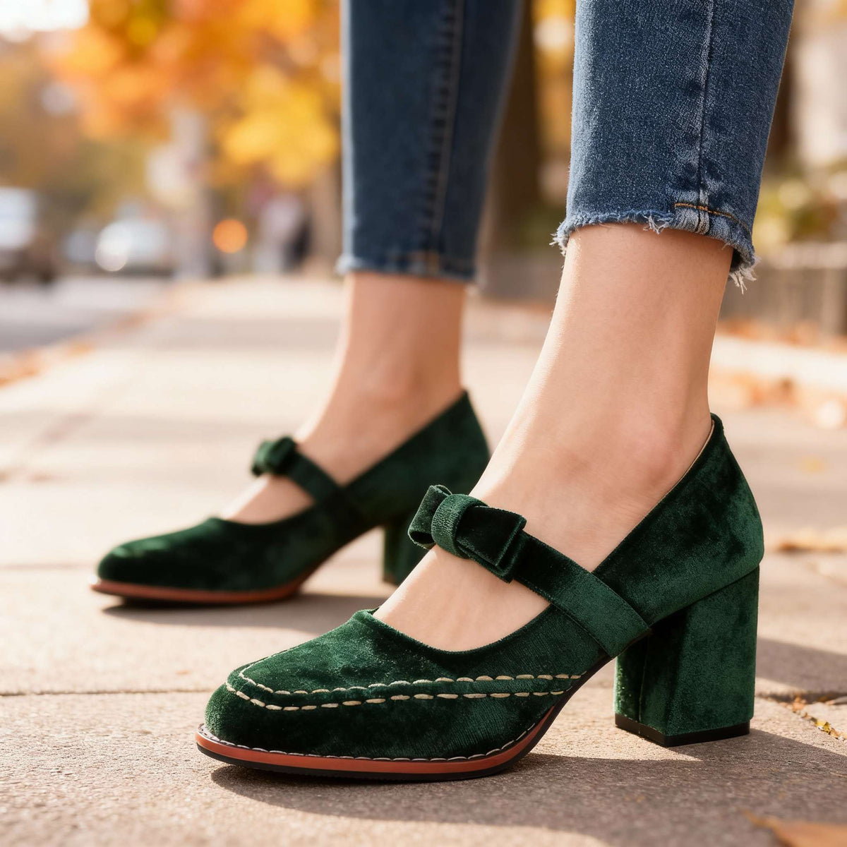 Dames Mary Jane Pumps met Blokhak en Strikdetail - Groen