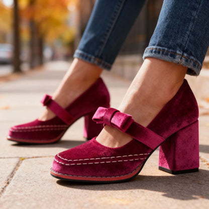 Dames Mary Jane Pumps met Blokhak en Strikdetail