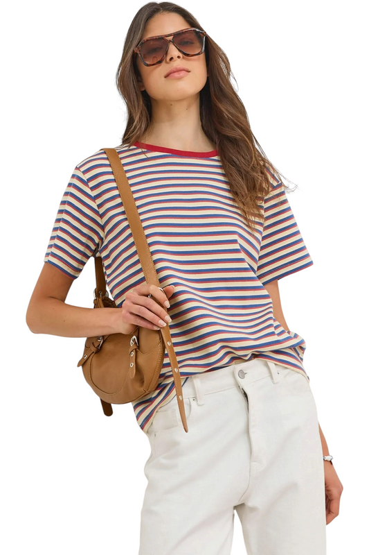 Dames T-shirt Gestreept met Ronde Hals en Korte Mouwen