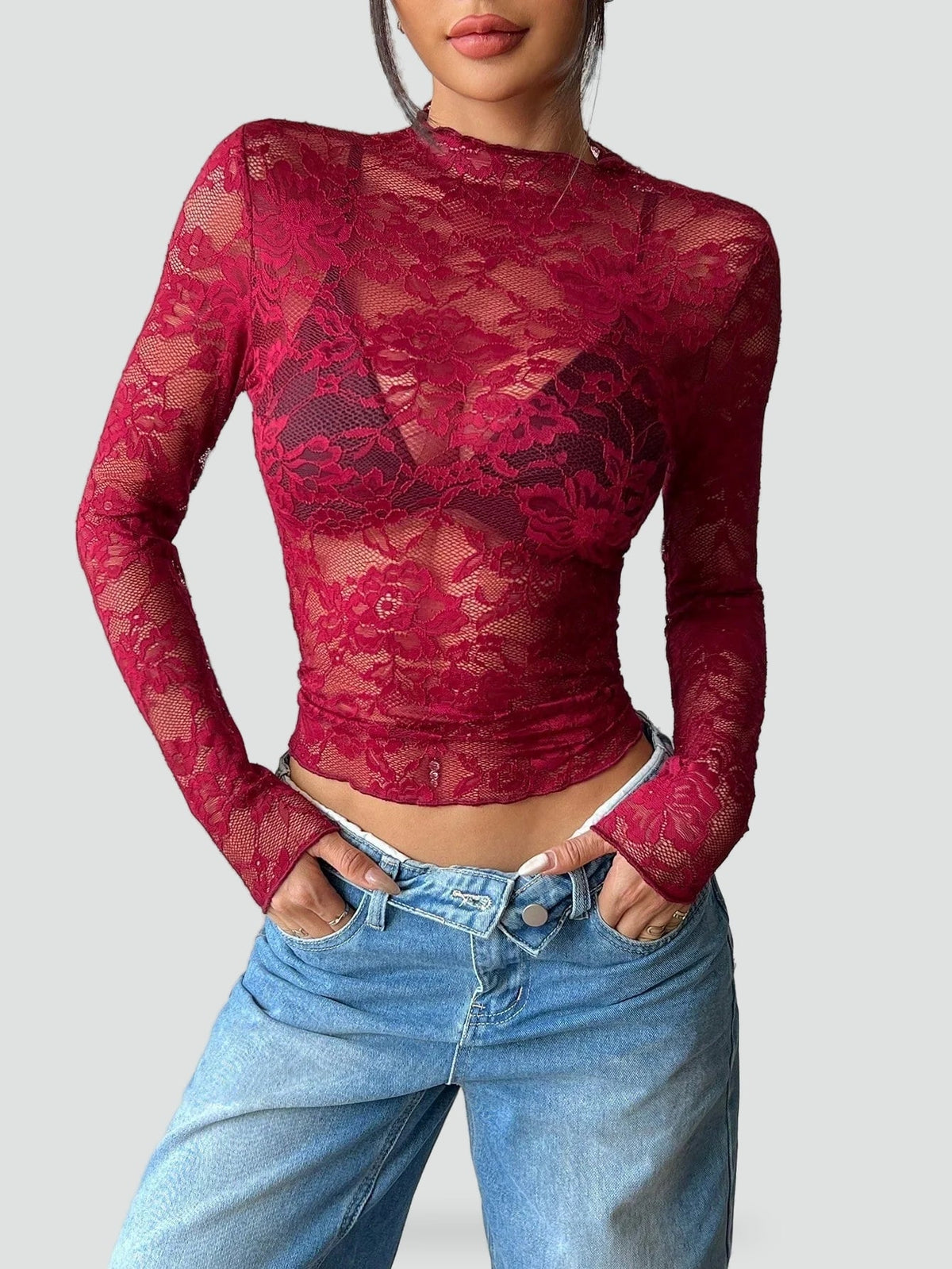 Dames Blouse met Bloemenkant en Doorschijnende Afwerking - Bordeaux