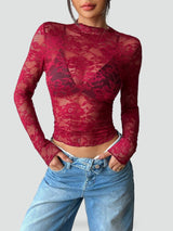 Dames Blouse met Bloemenkant en Doorschijnende Afwerking
