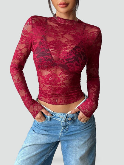 Dames Blouse met Bloemenkant en Doorschijnende Afwerking