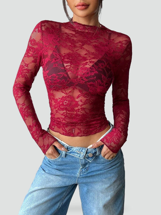 Dames Blouse met Bloemenkant en Doorschijnende Afwerking - Bordeaux