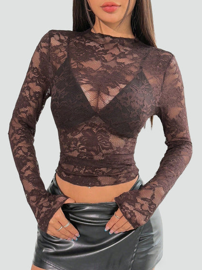 Dames Blouse met Bloemenkant en Doorschijnende Afwerking