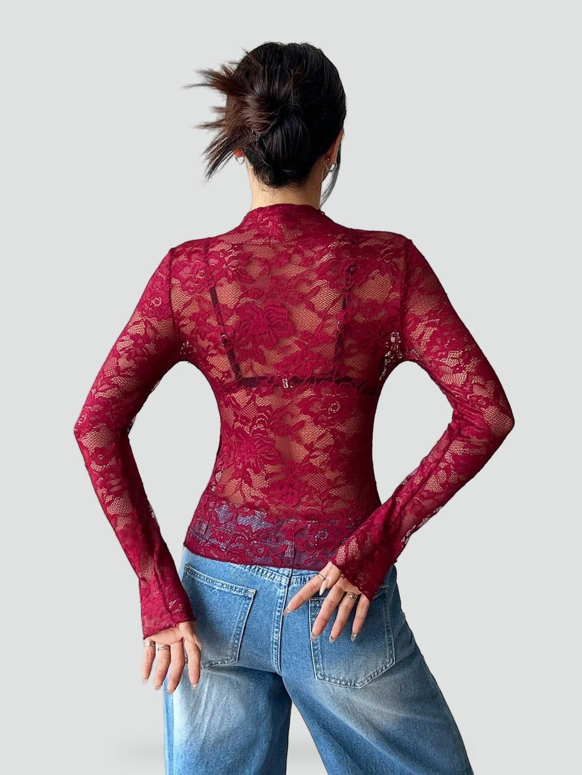 Dames Blouse met Bloemenkant en Doorschijnende Afwerking
