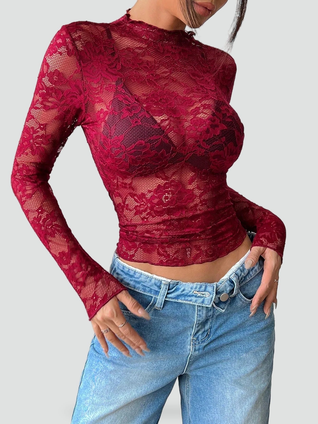 Dames Blouse met Bloemenkant en Doorschijnende Afwerking