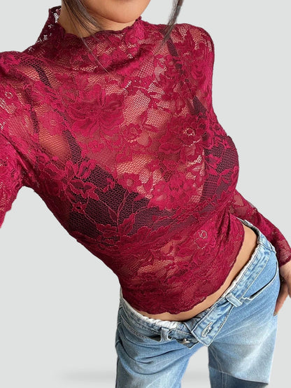 Dames Blouse met Bloemenkant en Doorschijnende Afwerking