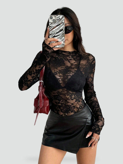 Dames Blouse met Bloemenkant en Doorschijnende Afwerking