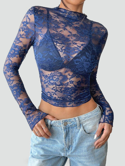 Dames Blouse met Bloemenkant en Doorschijnende Afwerking