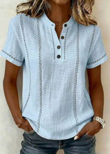 Dames Blouse Korte Mouwen met Mao-kraag en V-hals en Gestreepte Patchwork